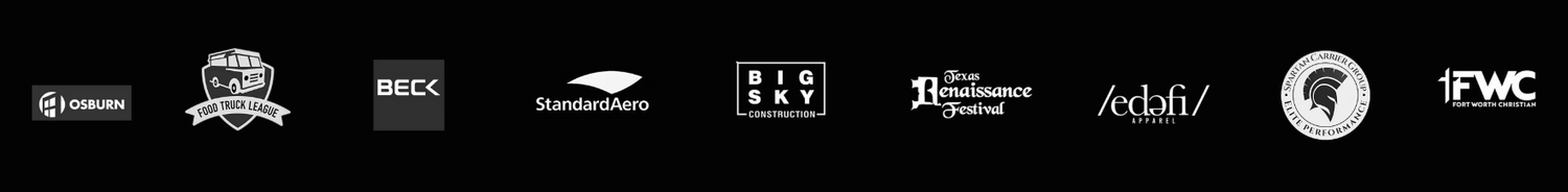 Client logos: Osburn, Food Truck League, Beck, StandardAero, Big Sky Construction, Texas Renaissance Festival, Edefi Apparel, Spartan Carrier Group, Fort Worth Christian